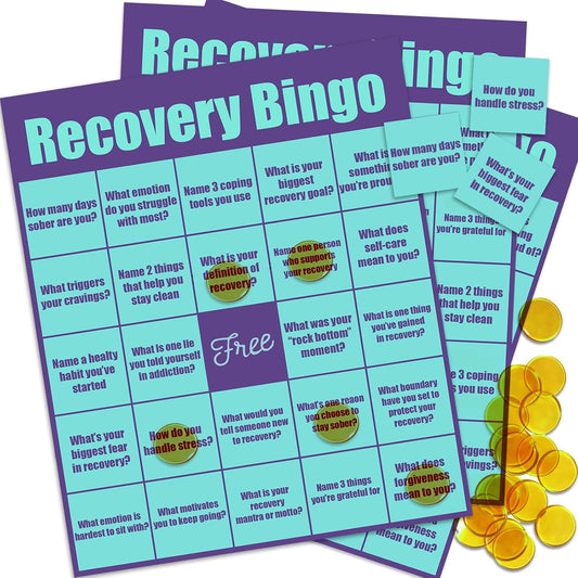 Recovery Bingo Game for Adults in Addiction Groups – 24 Cards and 200 Chips with 1 Game Instructions, Motivational Recovery Activity for Counseling Sessions, Rehab Centers, and Support Meetings