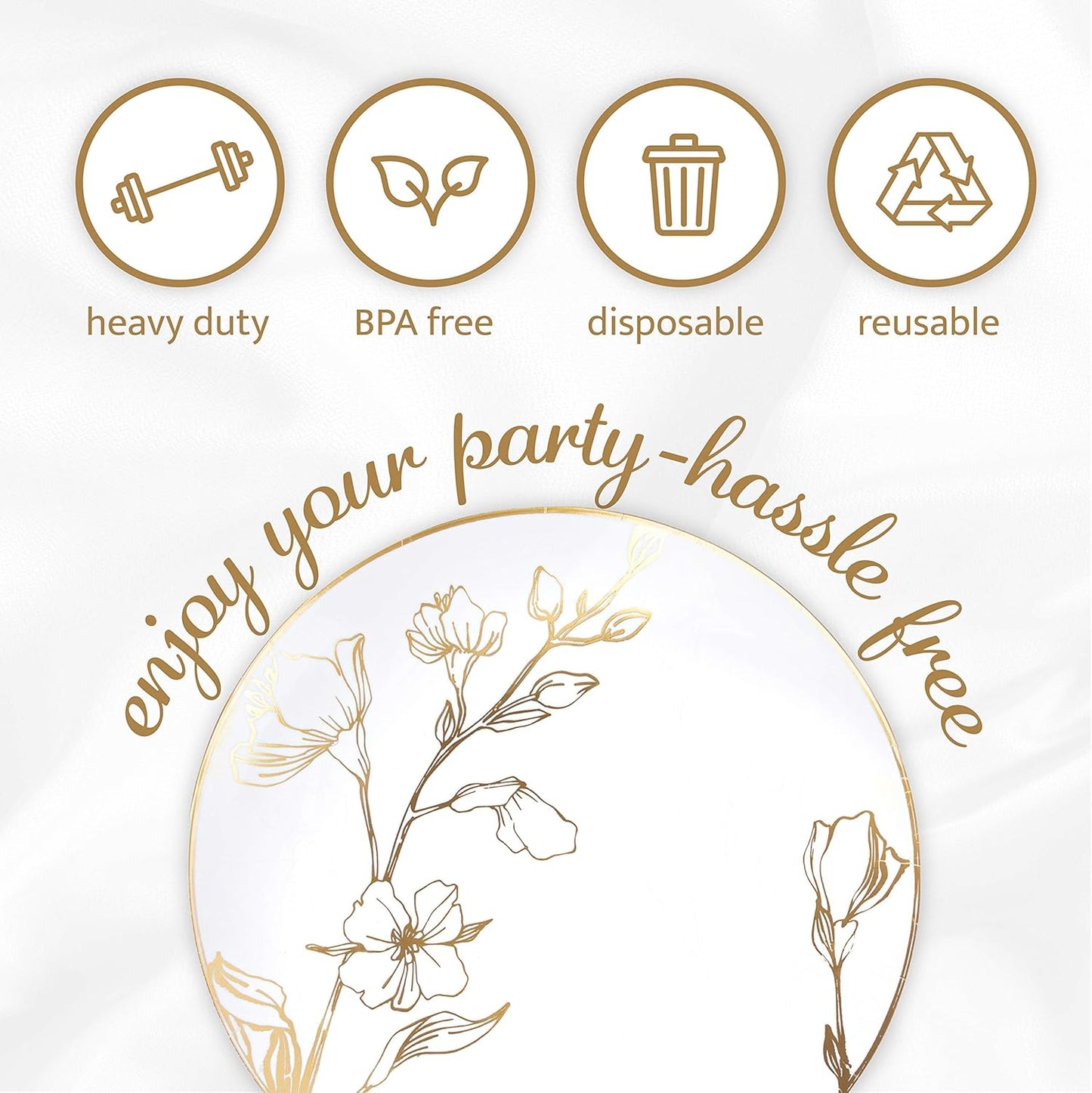 PLASTICPRO [16 OZ 20 Count] White Plastic Floral Design Party Soup bowls With Gold Rim Premium heavyweight Elegant Disposable Tableware Dishes