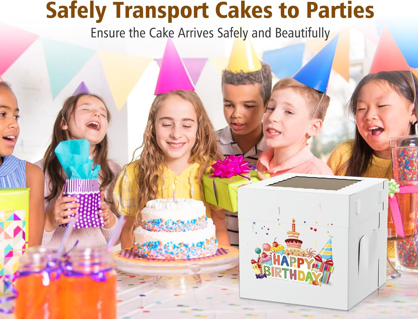 10Pcs Corrugated Cake Boxes in 2 Sizes - 12x12x12 & 10x10x10 Inch Tall Cake Box with Window, Thick Bakery Dessert Boxes, Disposable Cardboard Cake Carrier for Layer Cakes, Birthday, Wedding, Party
