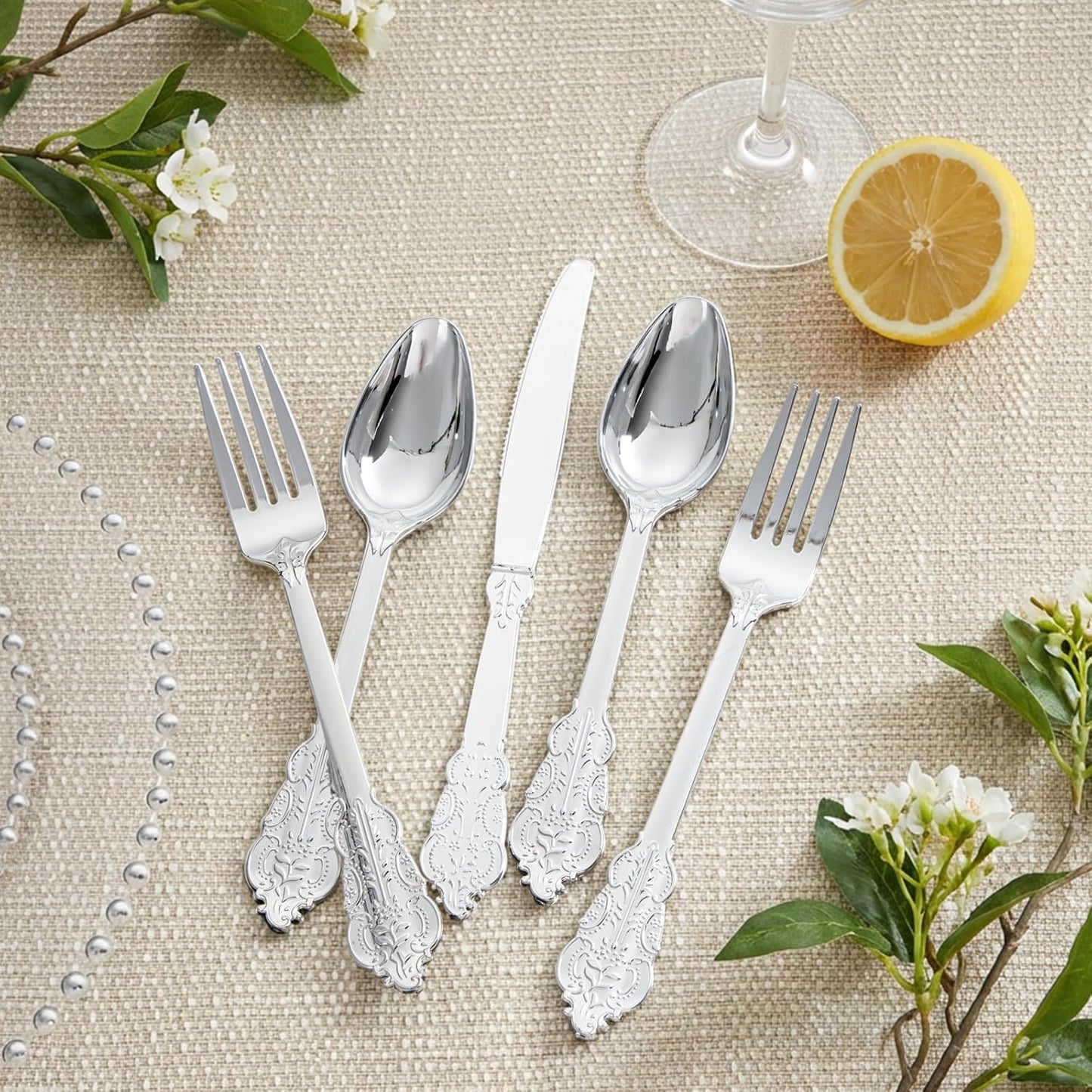 Supernal 360pcs Silver Plastic Cutlery,Elegant Plastic Silverware,Silver Hammed Silverware,Disposable Flatware,Include 120 Forks,120 Knvies,120 Spoons,Perfect for Birthday,Party,Wedding