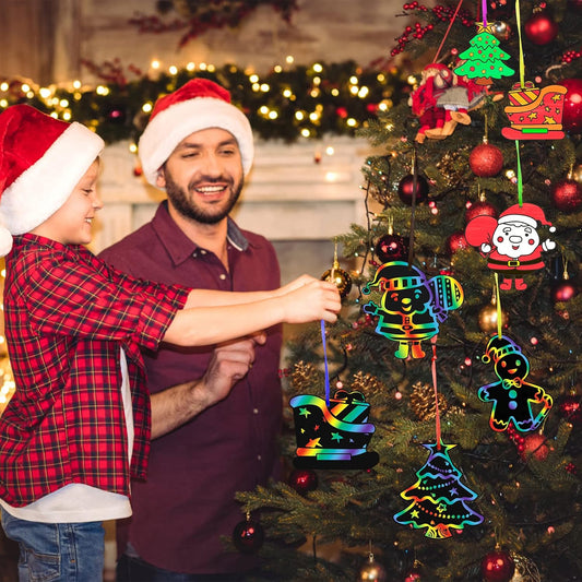 Max Fun Christmas Crafts Scratch Art for Kids, 48PCS Magic Rainbow Scratch Off Paper Cards, Christmas Ornaments Hanging Art for Kids Party Favors Supplies, Stocking Stuffers Educational Toys