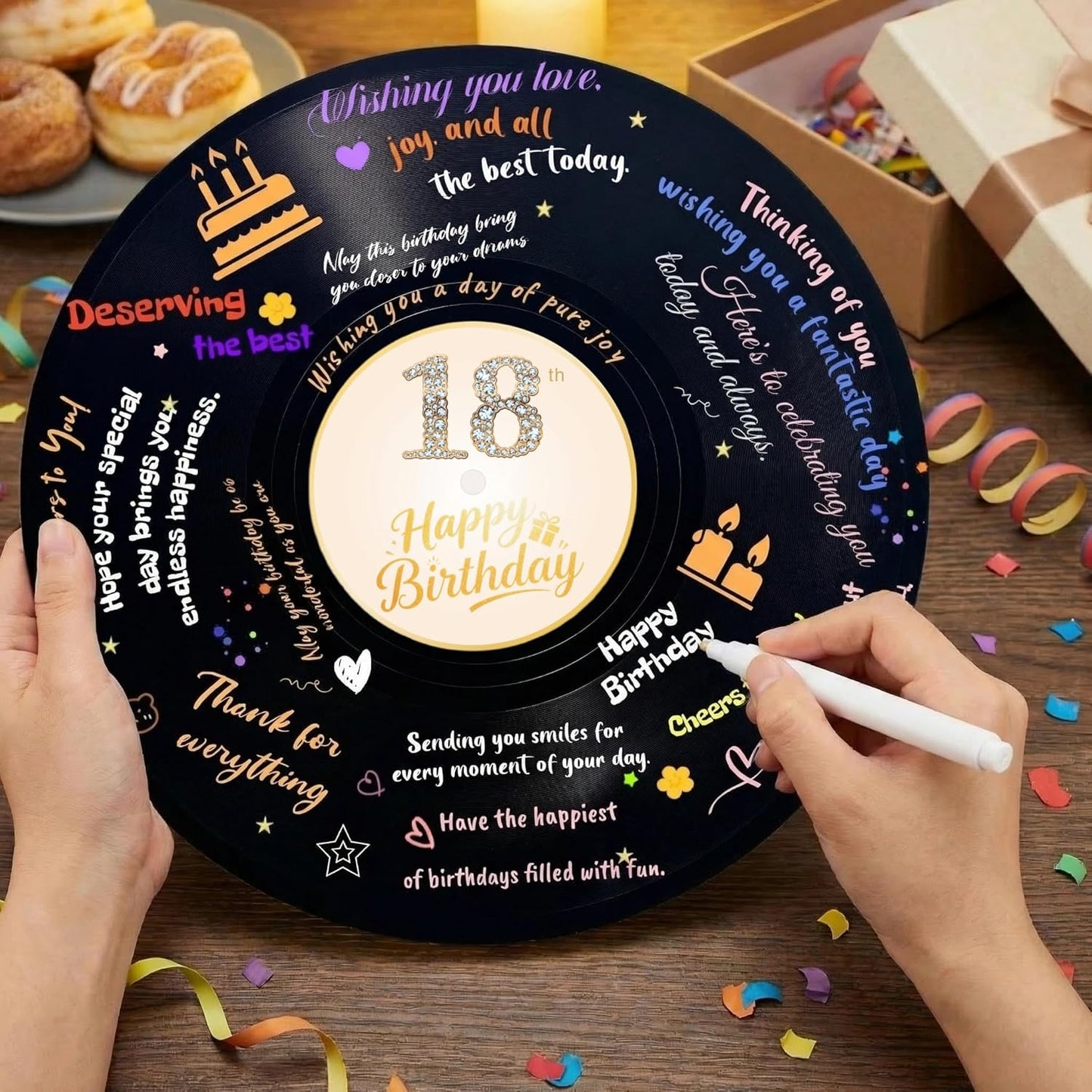 REEGII Vinyl Record Style Birthday Guest Book for Birthday Decorations - Large 11.6"x11.6" Sign-In Poster with 12 Pens | Unique Keepsake Gift for Birthday Party Decor (Happy Birthday, Golden, 11.6"L x 11.6"W)