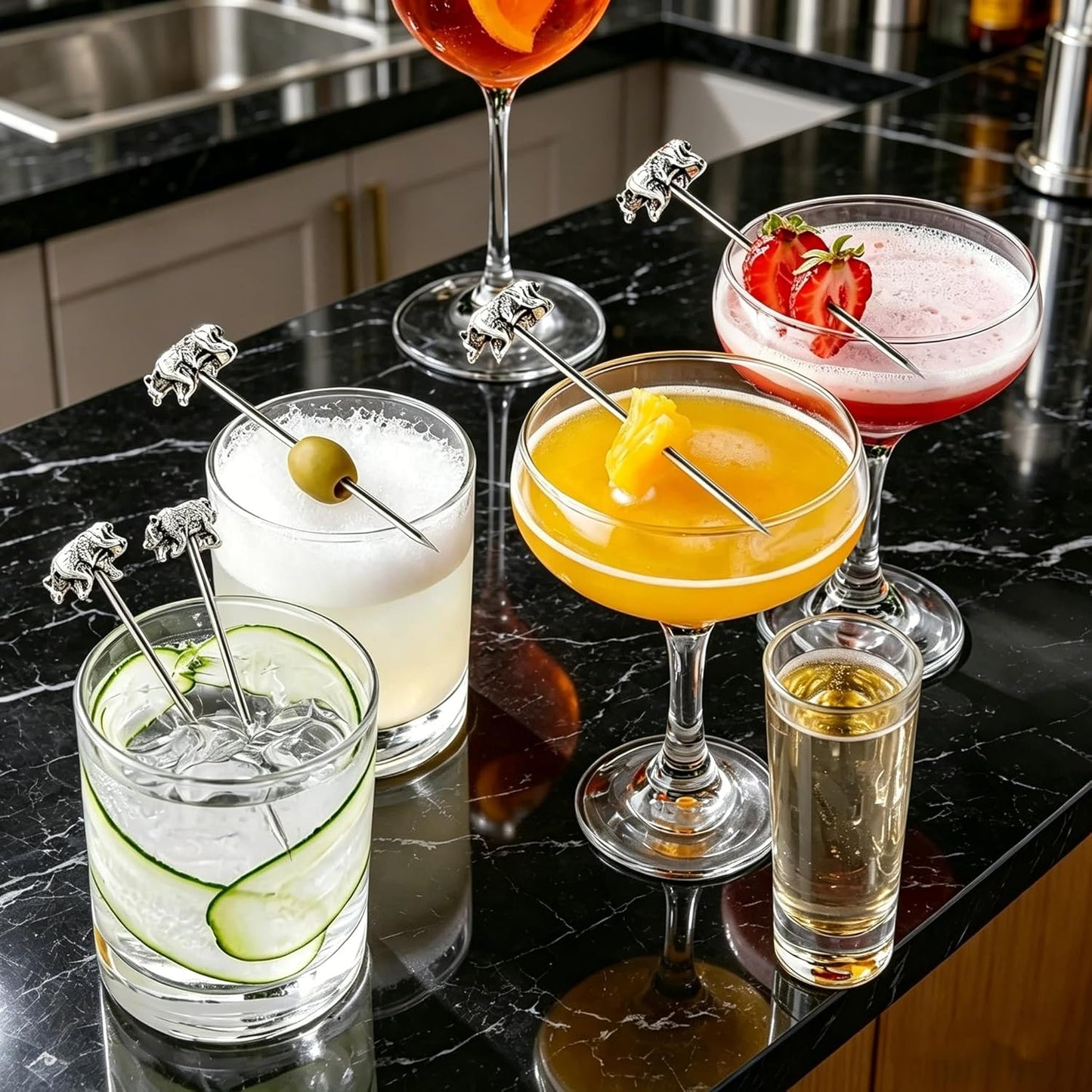 Homestia Stainless Steel Cocktail Picks, 4.7 Inch Reusable Martini Olive Picks, Metal Garnish Skewers for Drinks, Appetizers, Bloody Mary - Set of 6 Metal Cocktail Picks for Party Bar