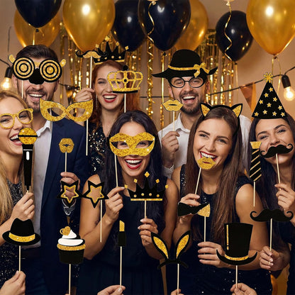 Fnuqz Black Gold Birthday Photo Booth Frame 23Pcs Photo Booth Props Set Party Selfie Birthday Party Decorations Funny Cute Selfie Supplies