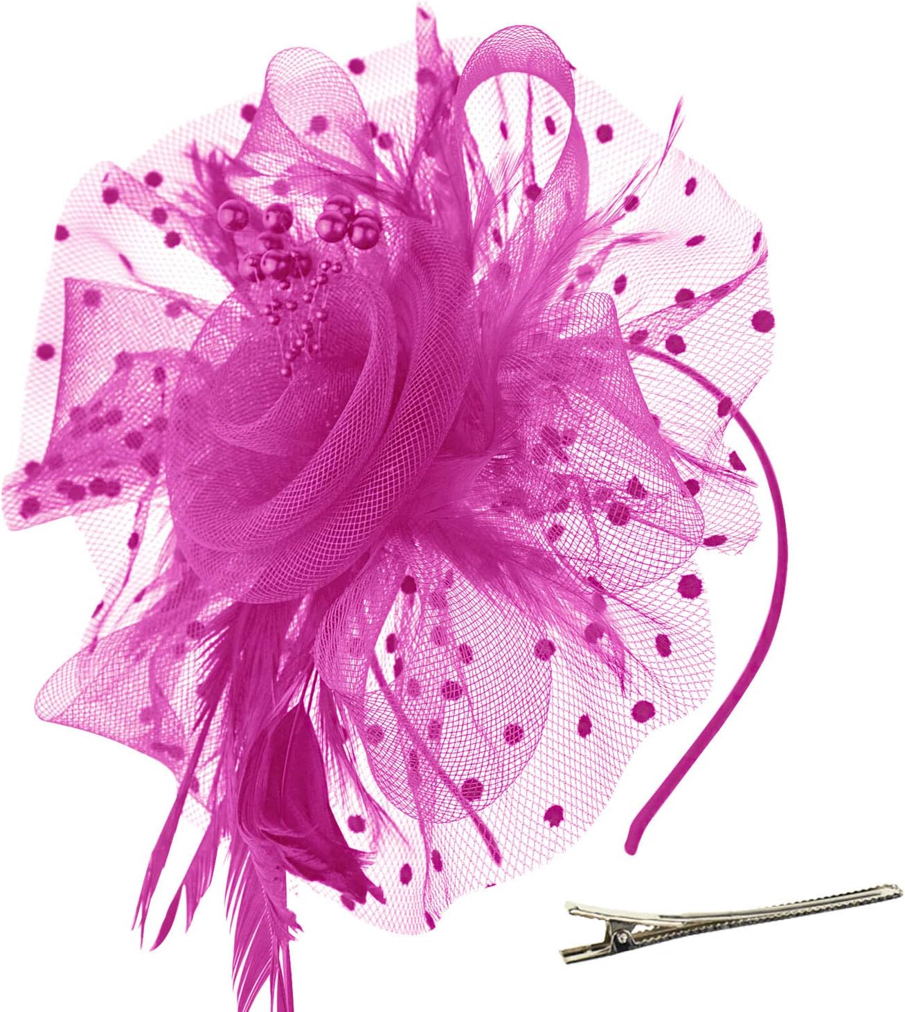 DRESHOW Fascinators Hat Flower Mesh Ribbons Feathers on a Headband and a Clip Tea Party Headwear for Girls and Women - Colors A