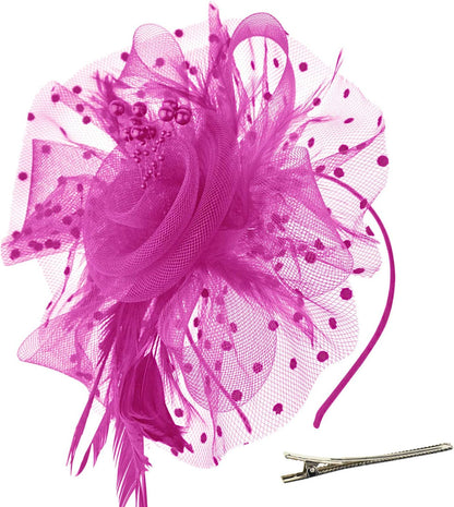 DRESHOW Fascinators Hat Flower Mesh Ribbons Feathers on a Headband and a Clip Tea Party Headwear for Girls and Women - Colors A