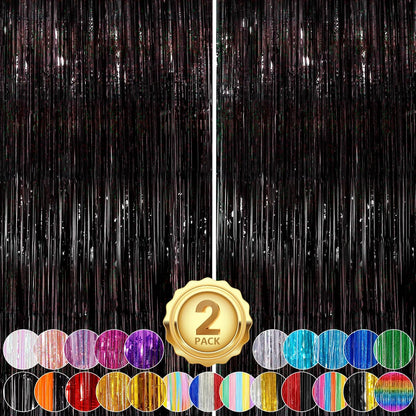 Black Fringe Curtain Party Streamers 2Pack 3.3x8.3 Ft Foil Fringe Backdrop Curtains for Birthday Wedding Bridal Baby Shower Halloween Decor Tinsel Streamers Black Party Decorations Door Streamers