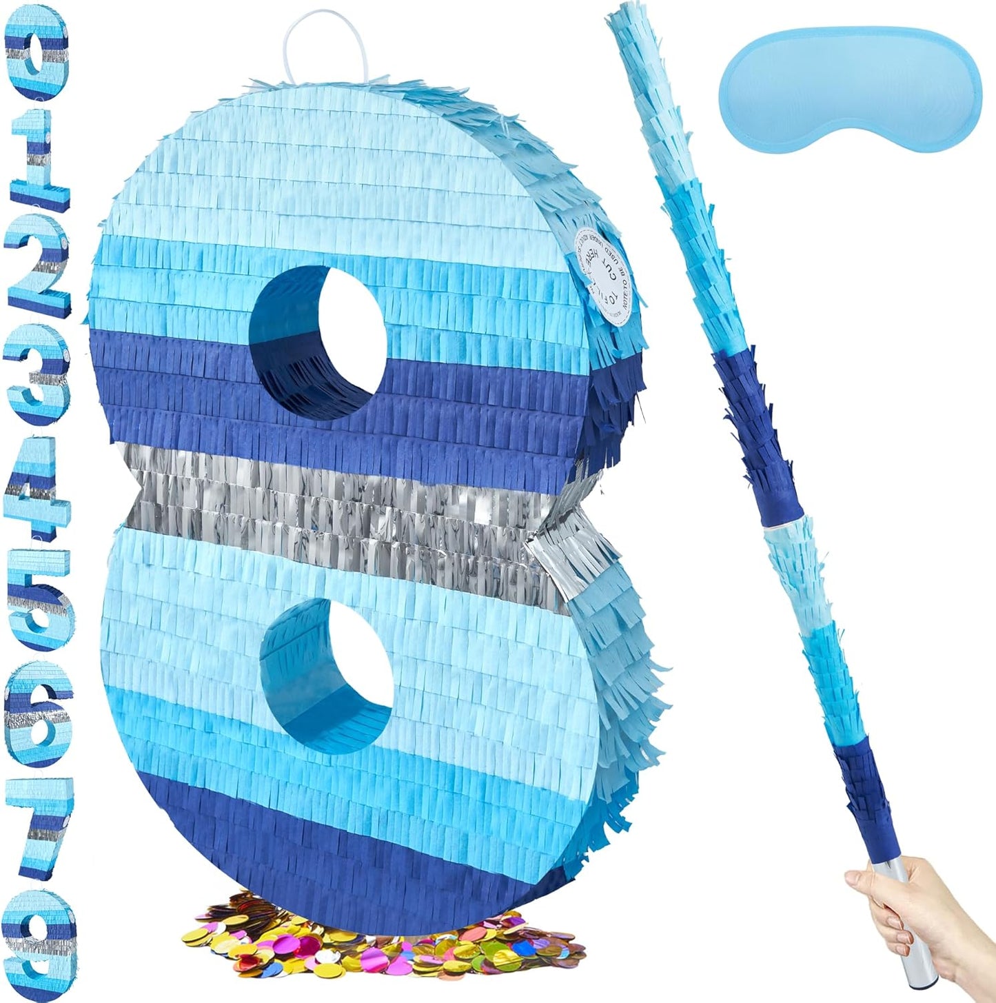 PCFING 20 Inch Number 3 Piñata Blue Silver with 30 Inch Piñata Stick Blindfold Confetti for Boys Girls Adults Birthday Party Decorations, Anniversary Celebration, Fiesta