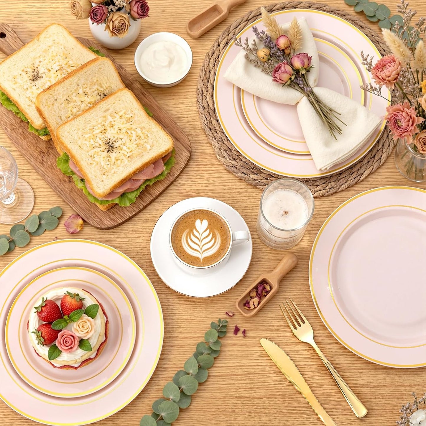 350 Pieces Black and Gold Plastic Plates with Disposable Silverware, Include 50 Dinner Plates 9”, 50 Dessert Plates 6.3”, 50 Black Cups 9 OZ, 50 Pre Rolled Napkins for Wedding Party Graduation