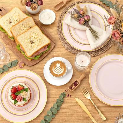 350 Pieces Black and Gold Plastic Plates with Disposable Silverware, Include 50 Dinner Plates 9”, 50 Dessert Plates 6.3”, 50 Black Cups 9 OZ, 50 Pre Rolled Napkins for Wedding Party Graduation