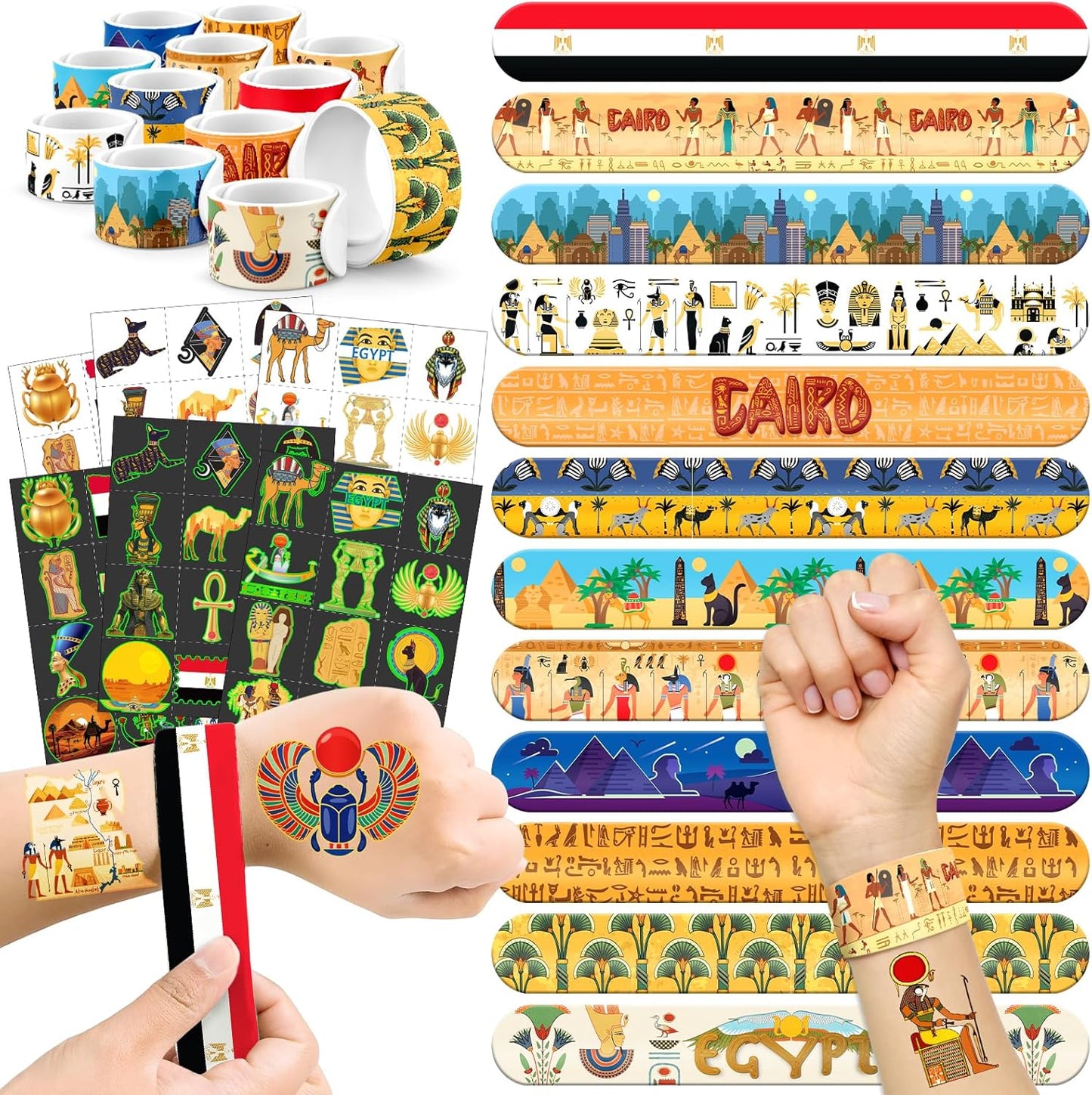96 PCS Ancient Egypt Party Favors Set – 72 Pre-Cut Temporary Tattoos & 24 Slap Bracelets, Perfect for Egyptian-Themed Events, Travel-Inspired & Ancient History Gifts