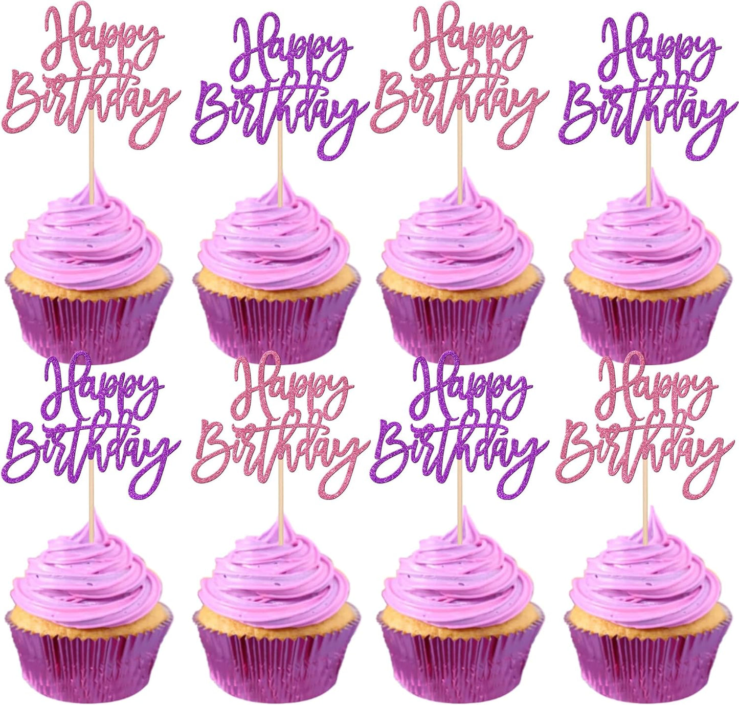 24 PCS Happy Birthday Cupcake Toppers Glitter Picks for Celebrating Anniversary Theme Party Cake Decorations Supplies Gold