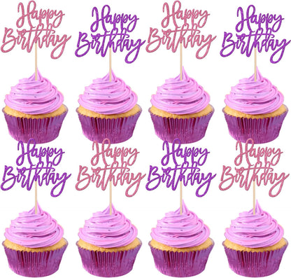 24 PCS Happy Birthday Cupcake Toppers Glitter Picks for Celebrating Anniversary Theme Party Cake Decorations Supplies Gold