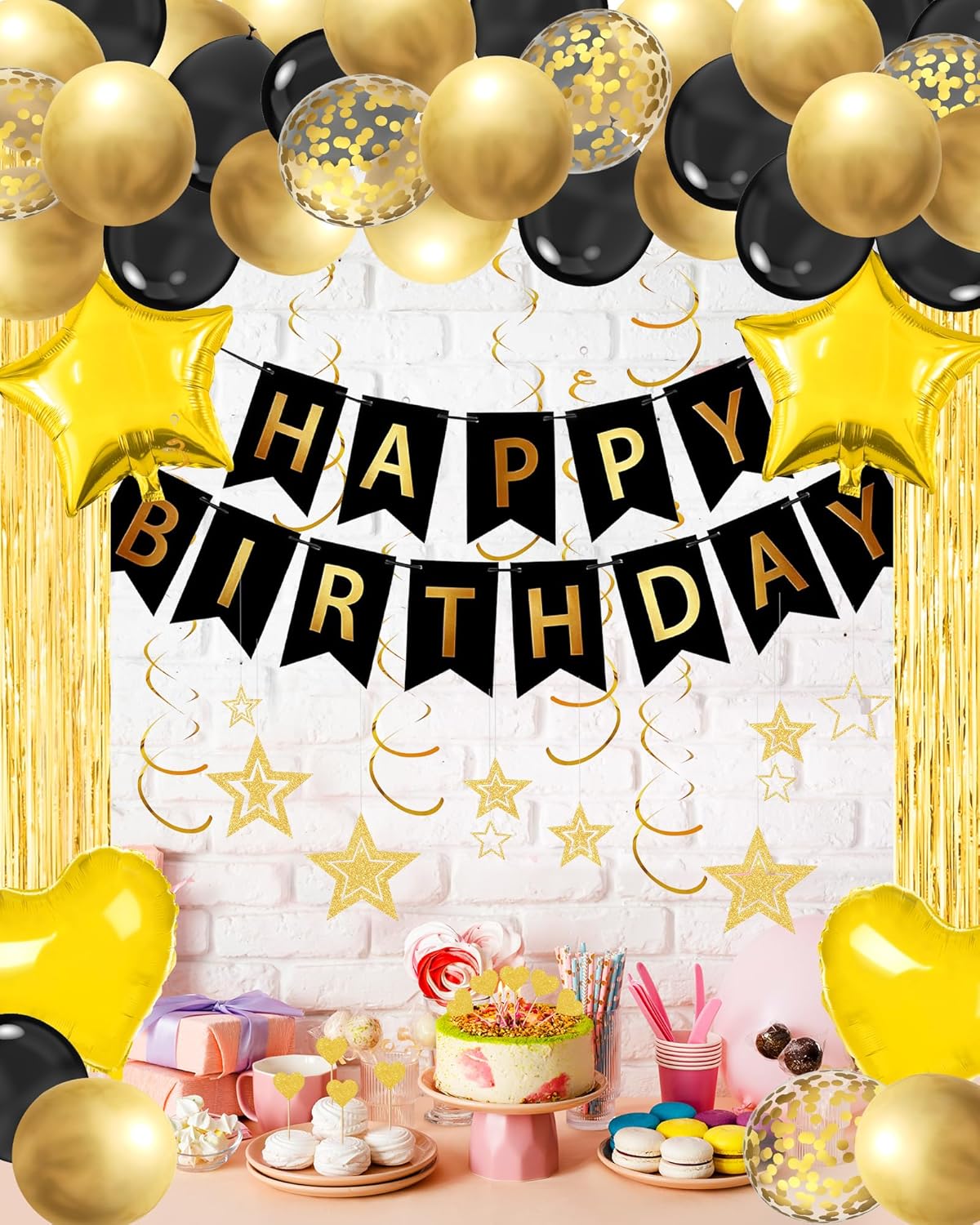 Lutoys Rose Gold Happy Birthday Party Decorations, Happy Birthday Banner, Rose Gold Foil Heart Star Confetti Balloons Curtain Backdrop Hanging Swirls Party Decor for Girls Women Princess