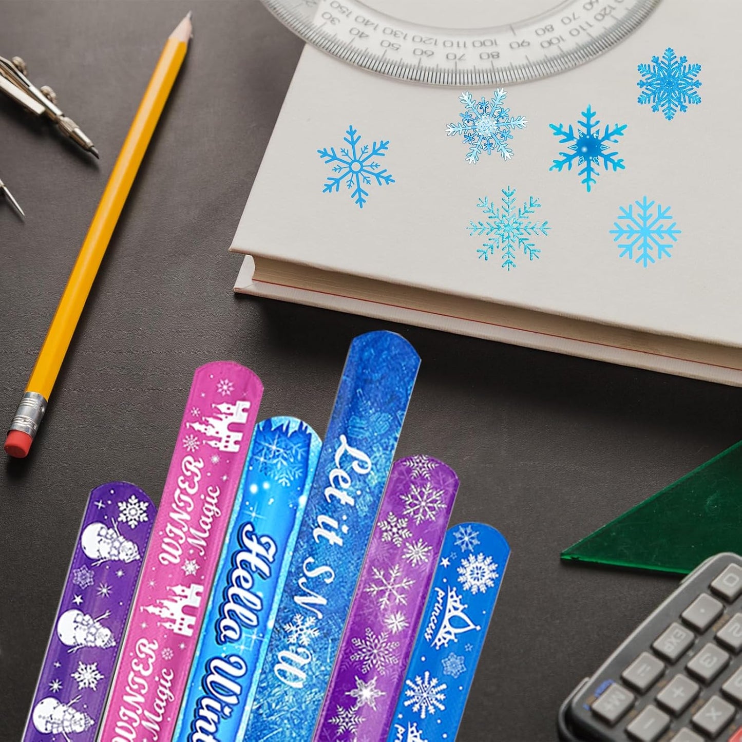 CZWXOXO 74Pcs Snowflake Theme Party Favors Contain 24 Pcs Snowflake Theme Slap Bracelets 50Pcs Snowflake Theme Stickers, Ice and Snow Theme Birthday Party Decorations