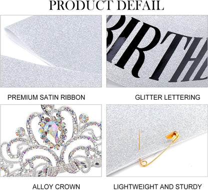 COCIDE Birthday Queen Sash & Rhinestone Tiara Set Gold Happy Birthday Crowns for Women Party Decoration Kit Rhinestone Headband for Women Glitter Crystal Hair Accessories for Cake Topper