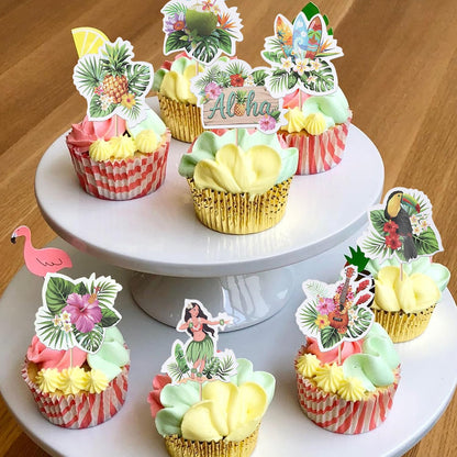 28 PCS Tropical Cupcake Toppers Glitter Leaf Pineapple Flower Palm Tree Flamingo Cupcake Picks Aloha Cake Decorations for Summer Hawaiian Luau Theme Baby Shower Birthday Wedding Party Supplies
