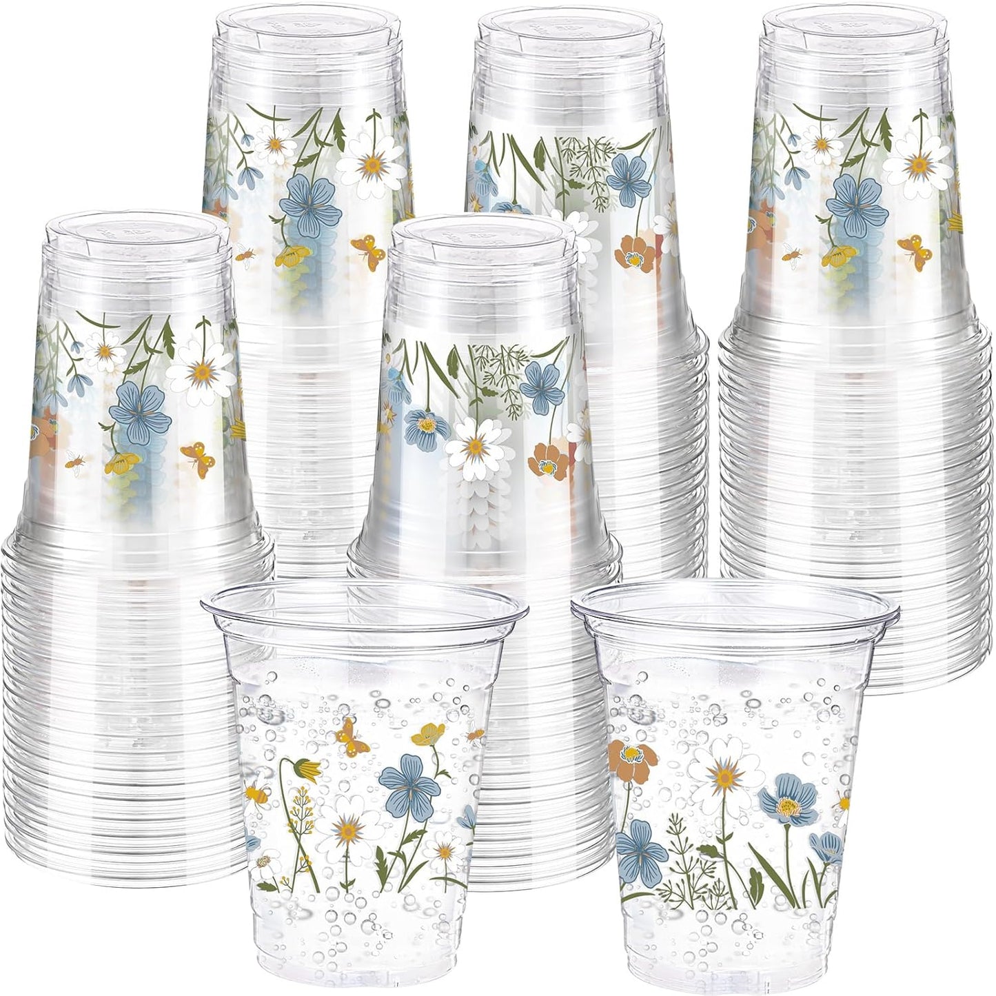 Hushee 60 Pcs Purple Floral Cups with Spring Summer Flower 16 oz Wildflowers Plastic Disposable Drinking Cups for Summer Spring Birthday Baby Shower Wedding Party Supplies