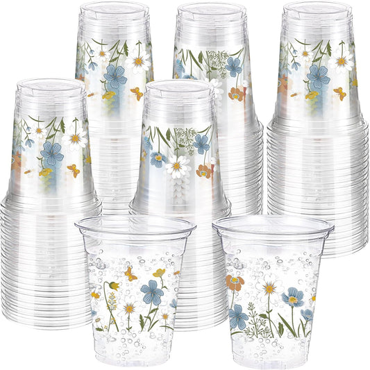 Hushee 60 Pcs Purple Floral Cups with Spring Summer Flower 16 oz Wildflowers Plastic Disposable Drinking Cups for Summer Spring Birthday Baby Shower Wedding Party Supplies