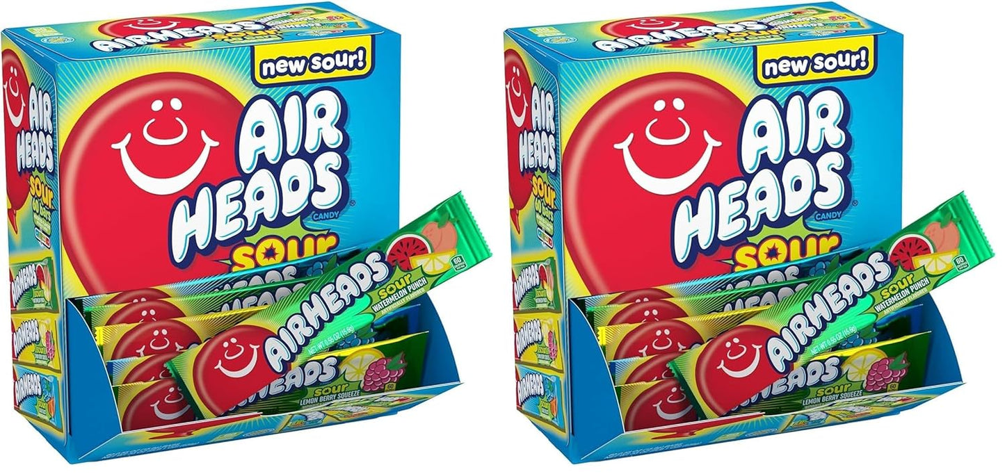 Airheads Full-Size Candy Bars, Taffy Candy Bulk Variety Pack, Individually Wrapped, Six Assorted Fruit Flavors Artificially Flavored, 60 Count Box