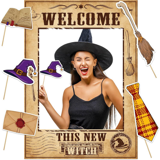 Magical Witch Party Photo Booth Props Welcome This New Witch Photo Booth Frame Magical School Selfie Props Vintage Birthday Selfie Frame for Magic Theme Birthday Cosplay Party Decorations Favors
