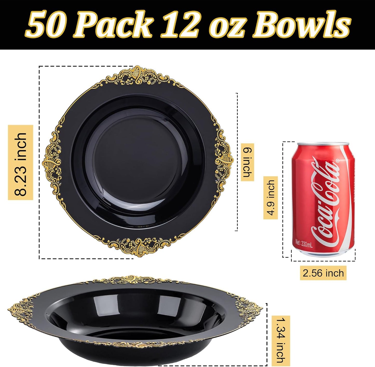 Nervure 50 Pack White Plastic Bowls with Gold Rim - 12oz Disposable Soup Bowls - Heavy Duty Dessert Bowl, Salad Bowl Perfect for Weddings, Parties, Mothers Day