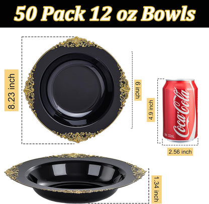 Nervure 50 Pack White Plastic Bowls with Gold Rim - 12oz Disposable Soup Bowls - Heavy Duty Dessert Bowl, Salad Bowl Perfect for Weddings, Parties, Mothers Day