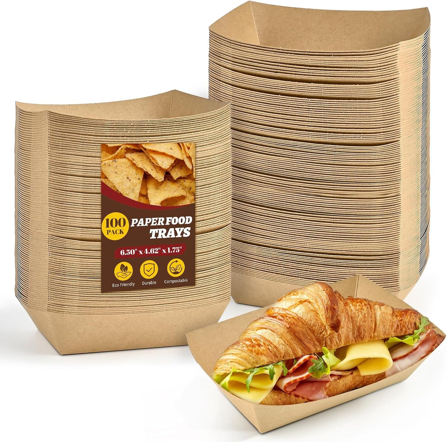 Ocmoiy 1lb Paper Food Trays, 100 Pack Heavy Duty Kraft Food Boats Holders Disposable Serving Basket Trays for Nachos, Fries, BBQ, Festivals, Party