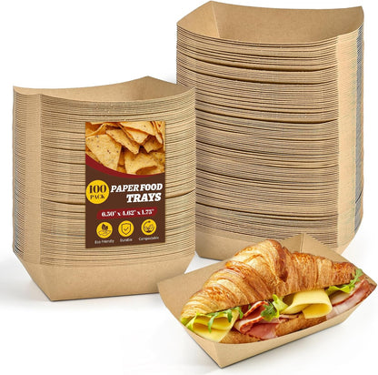 Ocmoiy 1lb Paper Food Trays, 100 Pack Heavy Duty Kraft Food Boats Holders Disposable Serving Basket Trays for Nachos, Fries, BBQ, Festivals, Party