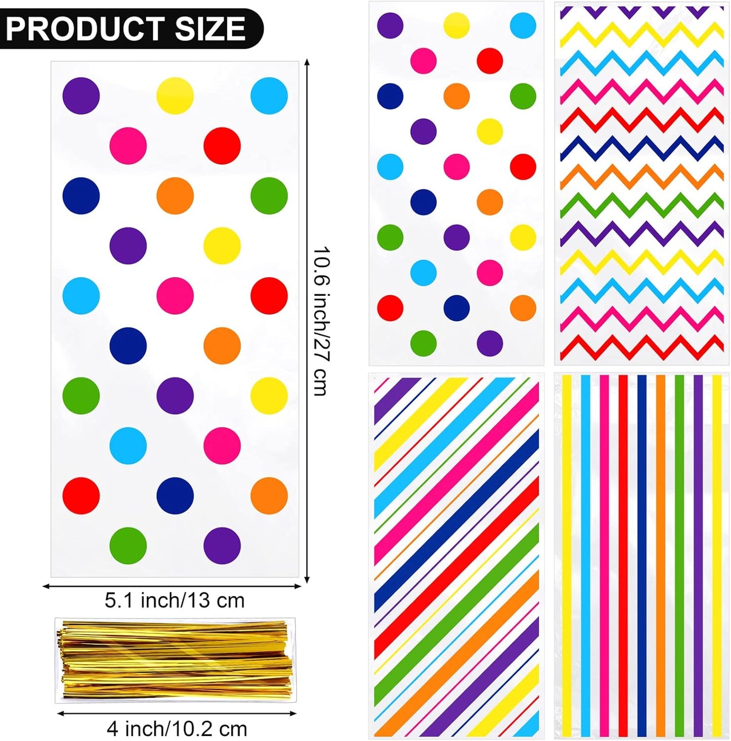 Aodaer 100 Pieces 10.6 x 5.1 In White Cellophane Bags Plastic Candy Gift Bag Cellophane Treat Bags with Twist Ties Stripes Polka Dot Printed Pattern Goodie Bag for Birthday Weddings Party Favors
