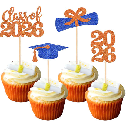 36 PCS 2026 Graduation Theme Cupcake Toppers Glitter Class of 2026 Grad Cap Diploma Cupcake Picks 2026 Graduation Theme Party Cake Decorations Supplies Deep Blue