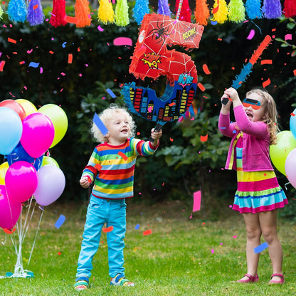 Number 4 Spider Pinata Bundle with 16 Inch Piñata Stick Blindfold Confetti for Hero Birthday Party Decoration Anniversary Celebration Gift Spider Party Favors for Kids, 16 x 11.6 x 2.4 Inch