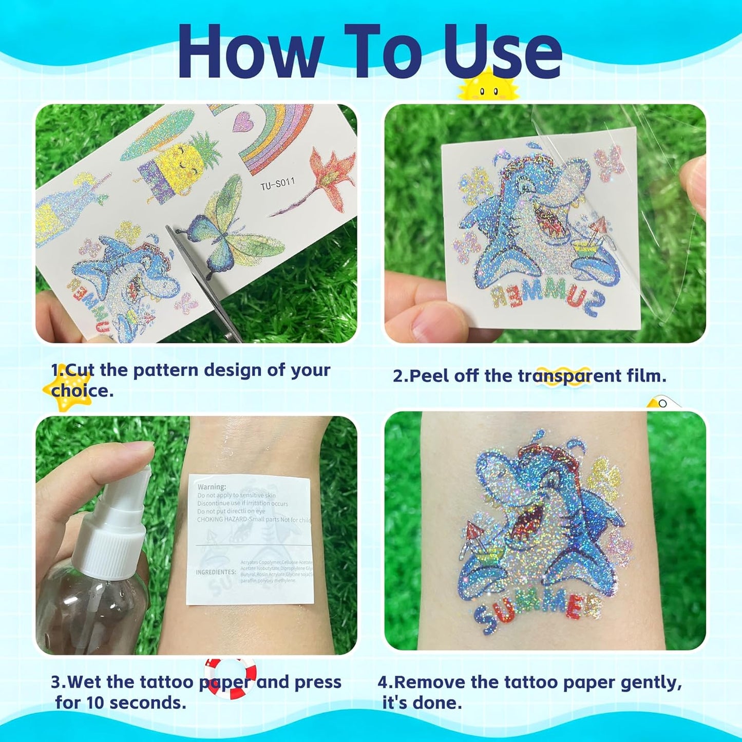 120 PCS Glitter Summer Temporary Tattoos For Kids - Hawaiian Luau Party Favors, Adults Bulk Fun Pool Party Supplies and Tropical Beach Theme Waterproof Decorations