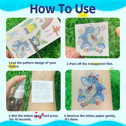 120 PCS Glitter Summer Temporary Tattoos For Kids - Hawaiian Luau Party Favors, Adults Bulk Fun Pool Party Supplies and Tropical Beach Theme Waterproof Decorations