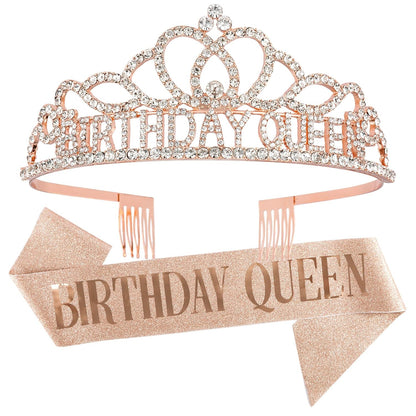 CAVETEE Gold Birthday Crowns and Sash - Queen Tiara for Party Decorations