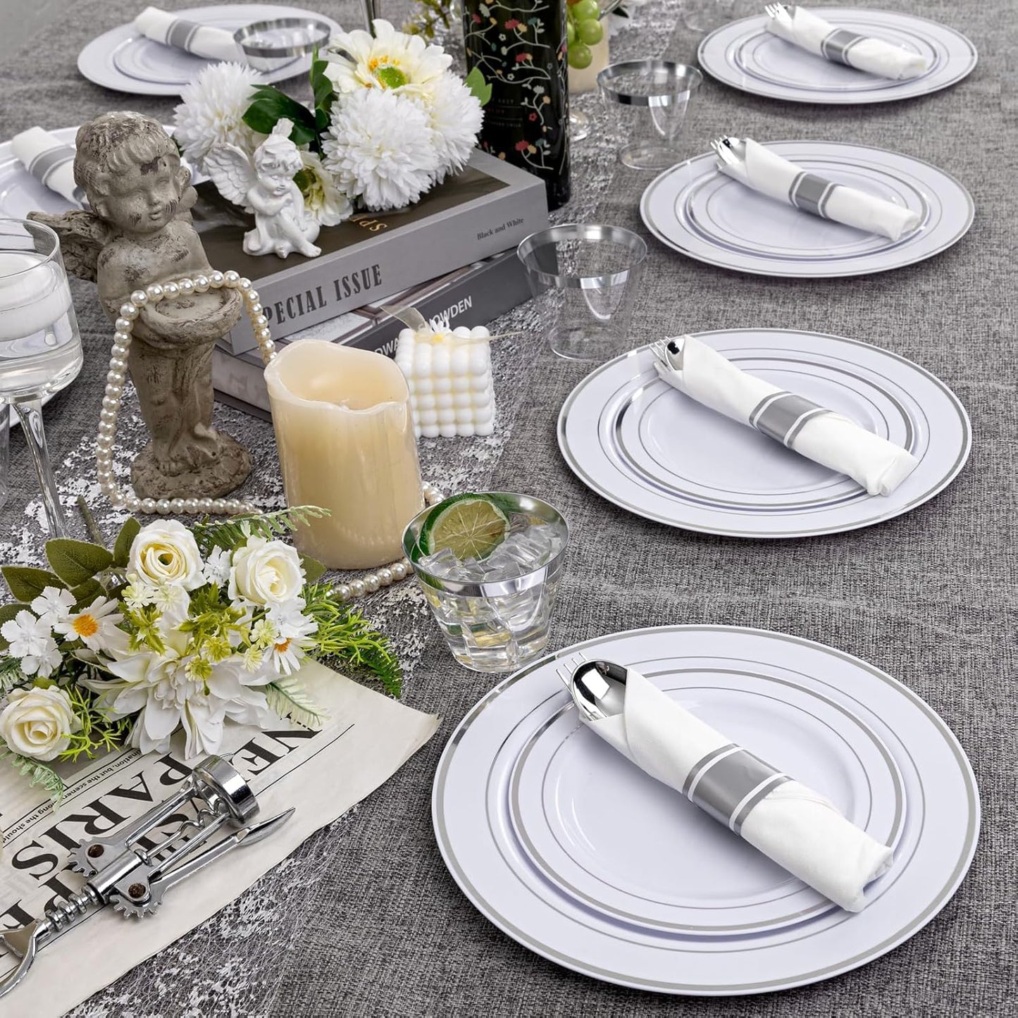 WELLIFE 350-Piece Gold Disposable Plates and Cutlery Set - Premium 10.25" Dinner Plates, 7.5" Dessert Plates, 9oz Cups & Cutlery for Weddings, Catering Events - 50 Guest Service - Elegant & Sturdy