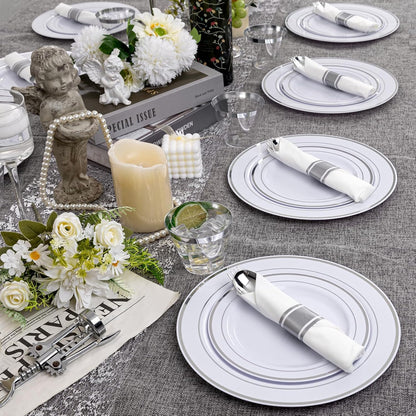 WELLIFE 350-Piece Gold Disposable Plates and Cutlery Set - Premium 10.25" Dinner Plates, 7.5" Dessert Plates, 9oz Cups & Cutlery for Weddings, Catering Events - 50 Guest Service - Elegant & Sturdy