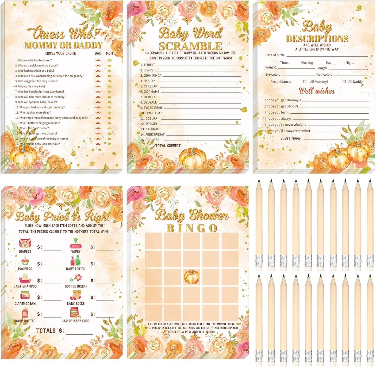 Yinder 145 Pcs Baby Shower Games Activities Cards with 20 Pencils Includes Baby Bingo Description and Wishes Guess Who Price is Right Word Scramble Game(Here Comes the Son)