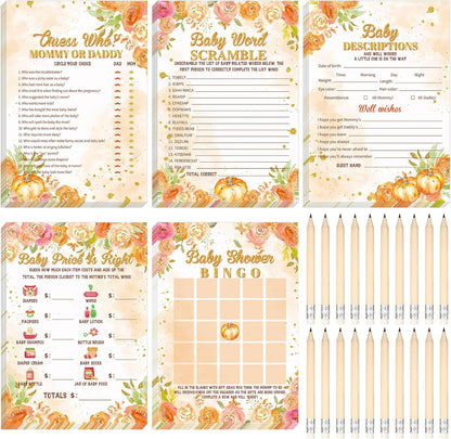 Yinder 145 Pcs Baby Shower Games Activities Cards with 20 Pencils Includes Baby Bingo Description and Wishes Guess Who Price is Right Word Scramble Game(Here Comes the Son)
