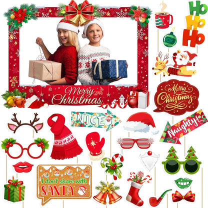 Christmas Photo Booth Props Kit - Large Size Selfie Frame & 24 Pcs Christmas Picture Props for Photoshoot Gift Box, Xmas/Winter/Holiday New Year Party Favors Supplies Jokes Favors