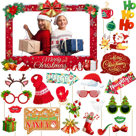 Christmas Photo Booth Props Kit - Large Size Selfie Frame & 24 Pcs Christmas Picture Props for Photoshoot Gift Box, Xmas/Winter/Holiday New Year Party Favors Supplies Jokes Favors