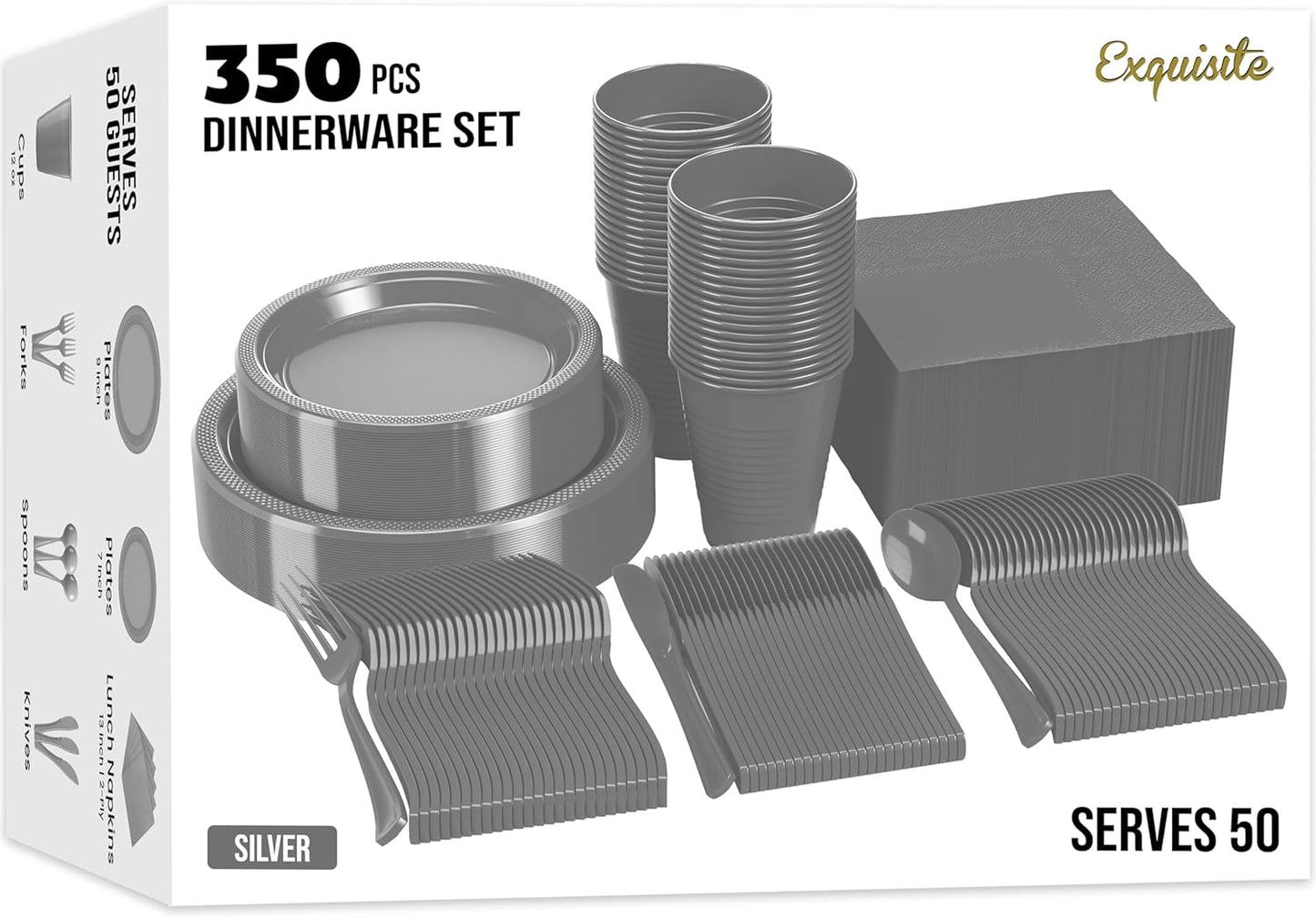 350 Pcs Black Plastic Plates For Party, Black Disposable Plates Set, 50 Of Each 9" Dinner Plate Set, 7" Dessert Plate, Cups, Napkins & Cutlery Plastic Dinnerware Set Exquisite
