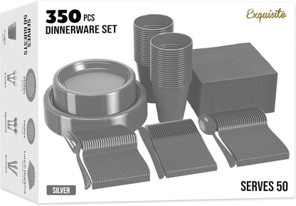 350 Pcs Black Plastic Plates For Party, Black Disposable Plates Set, 50 Of Each 9" Dinner Plate Set, 7" Dessert Plate, Cups, Napkins & Cutlery Plastic Dinnerware Set Exquisite