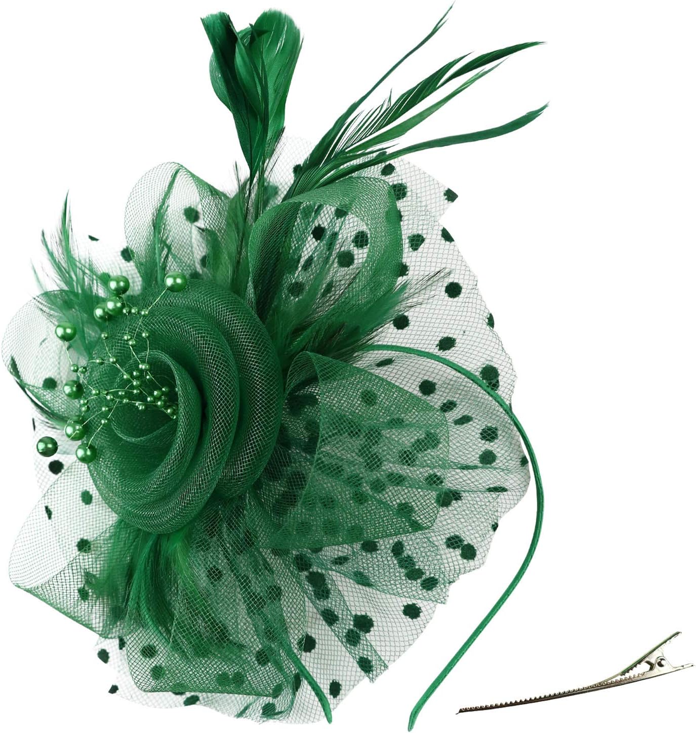 DRESHOW Fascinators Hat Flower Mesh Ribbons Feathers on a Headband and a Clip Tea Party Headwear for Girls and Women - Colors A