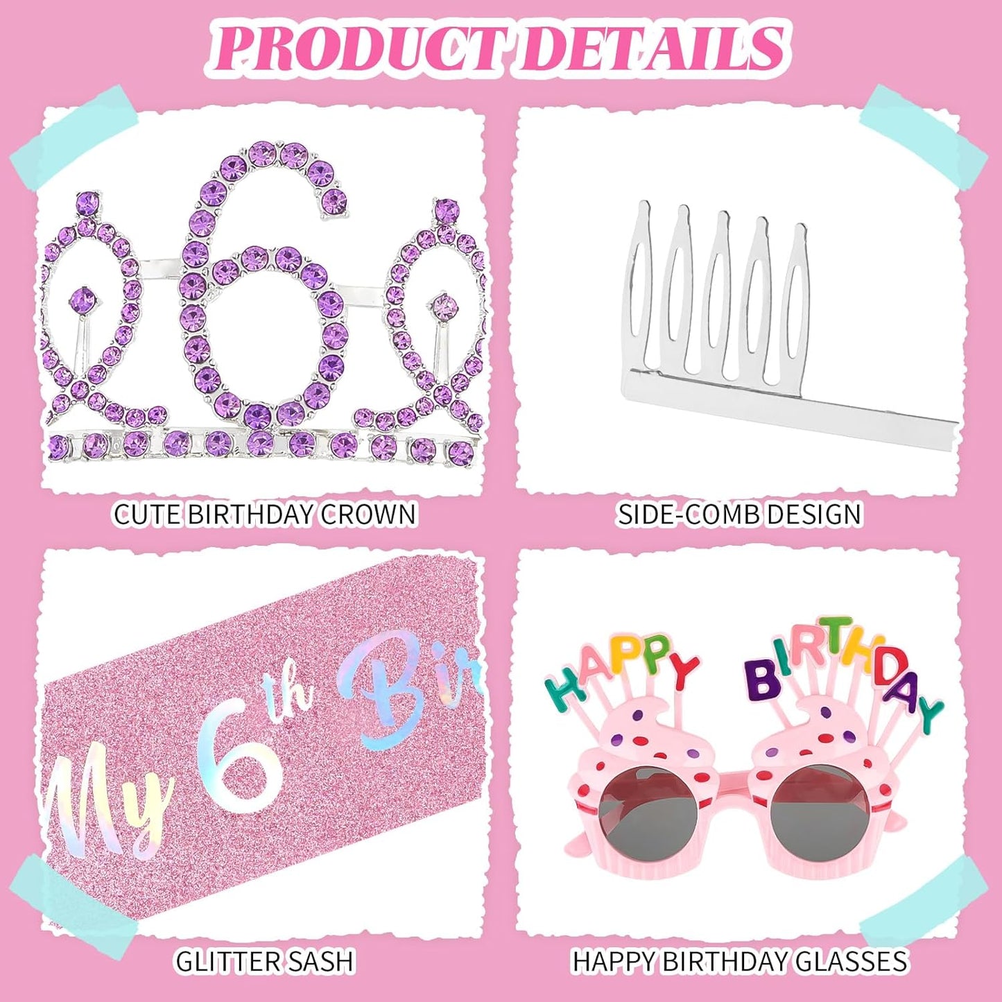 YARIEW 3rd Birthday Decorations, 3rd Glitter Purple Sash and Crown Kit with Happy Birthday Sunglasses, Tiara Princess Crown and Sash Party Outfit Accessory