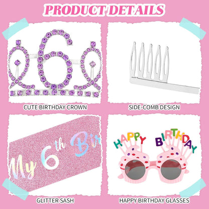 YARIEW 3rd Birthday Decorations, 3rd Glitter Purple Sash and Crown Kit with Happy Birthday Sunglasses, Tiara Princess Crown and Sash Party Outfit Accessory