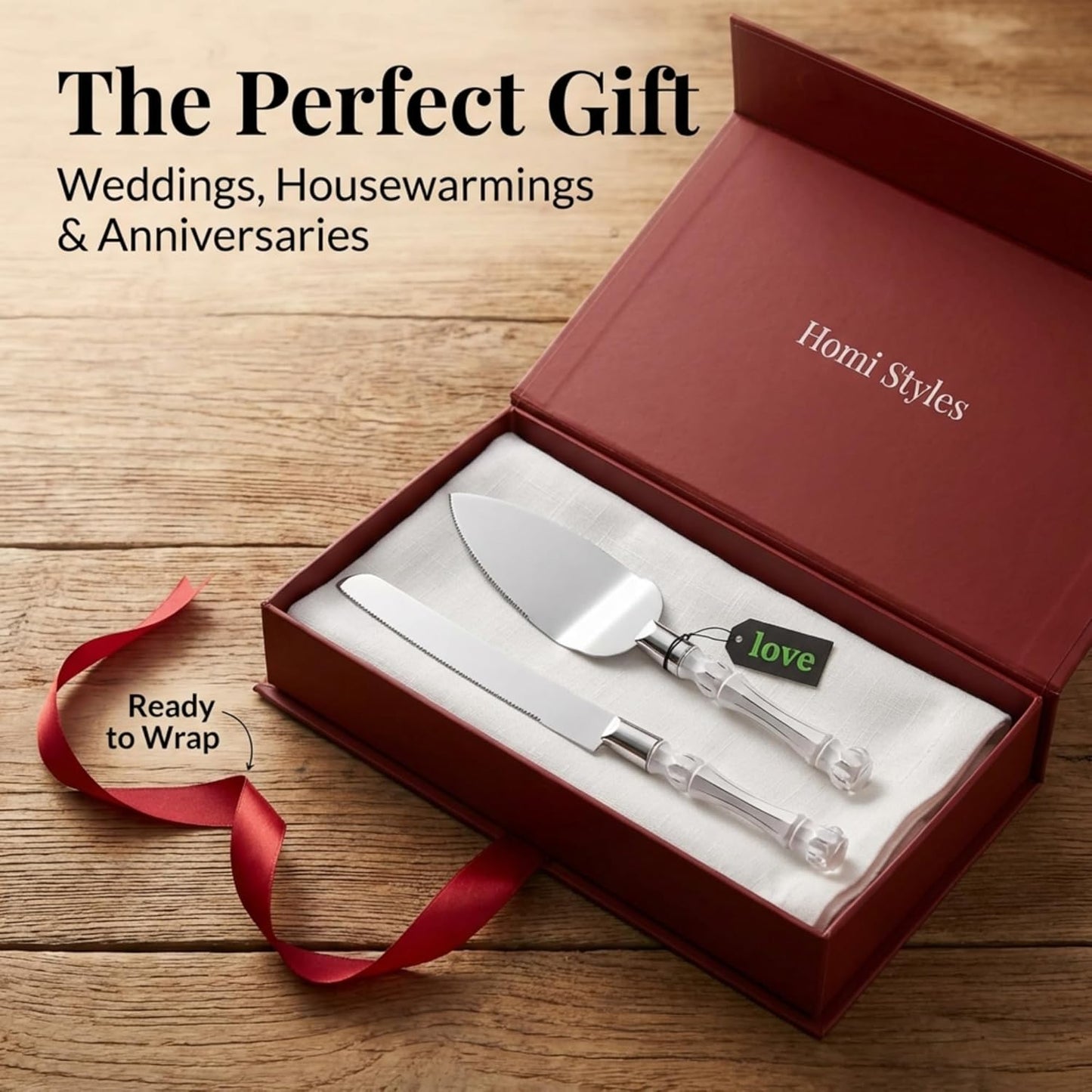 Homi styles Wedding Cake knife and Server Set | Elegant Rose Gold Color Premium 420 Stainless Steel plated Blades | Cake & Pie Serving Set for Wedding Cake, Birthdays, Anniversaries, Parties