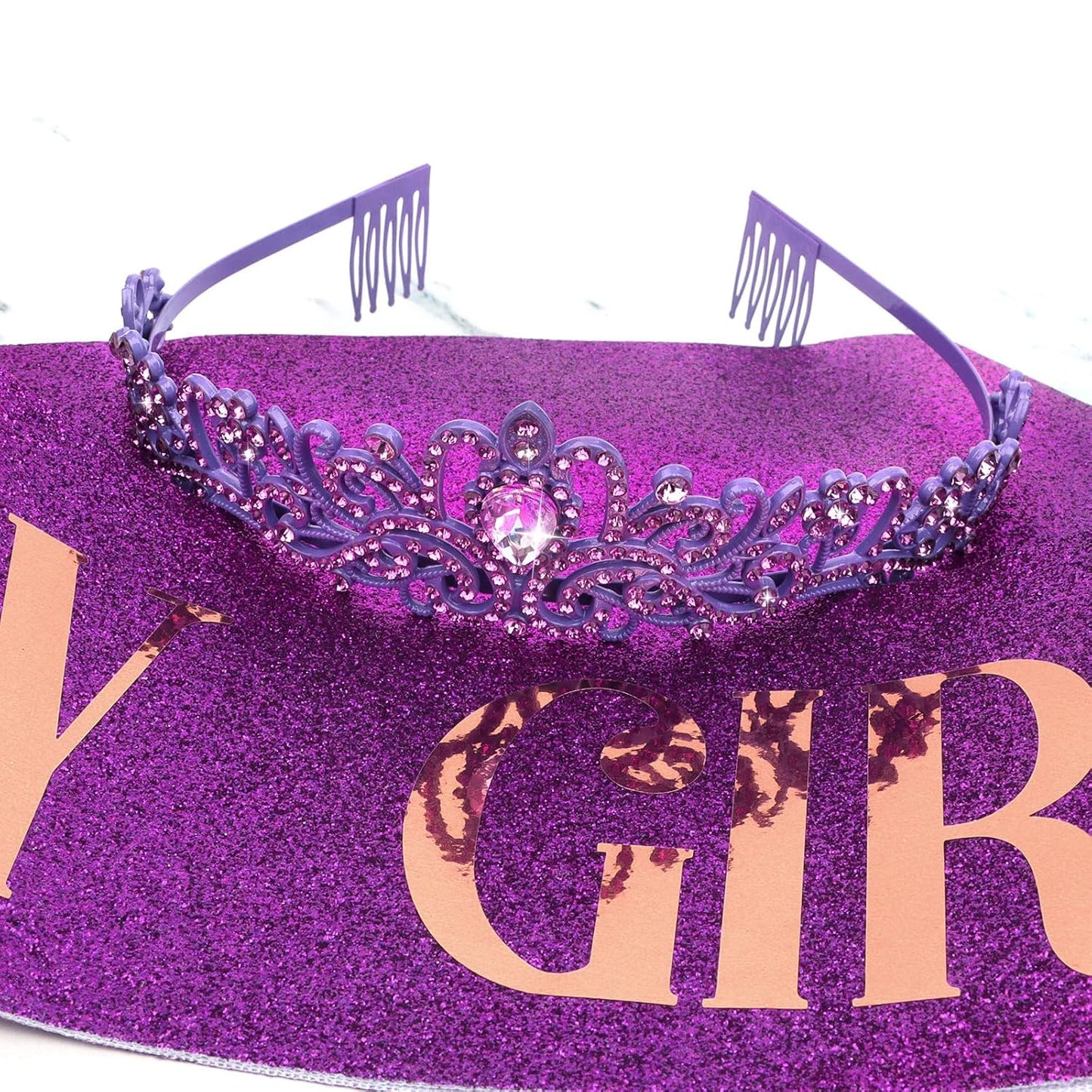 CIEHER Birthday Girl Crown and Sash - Rose Gold Tiara Birthday Decorations for Women and Girls