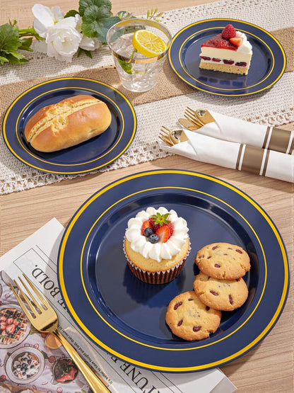 350 Pieces Black and Gold Plastic Plates with Disposable Silverware, Include 50 Dinner Plates 9”, 50 Dessert Plates 6.3”, 50 Black Cups 9 OZ, 50 Pre Rolled Napkins for Wedding Party Graduation