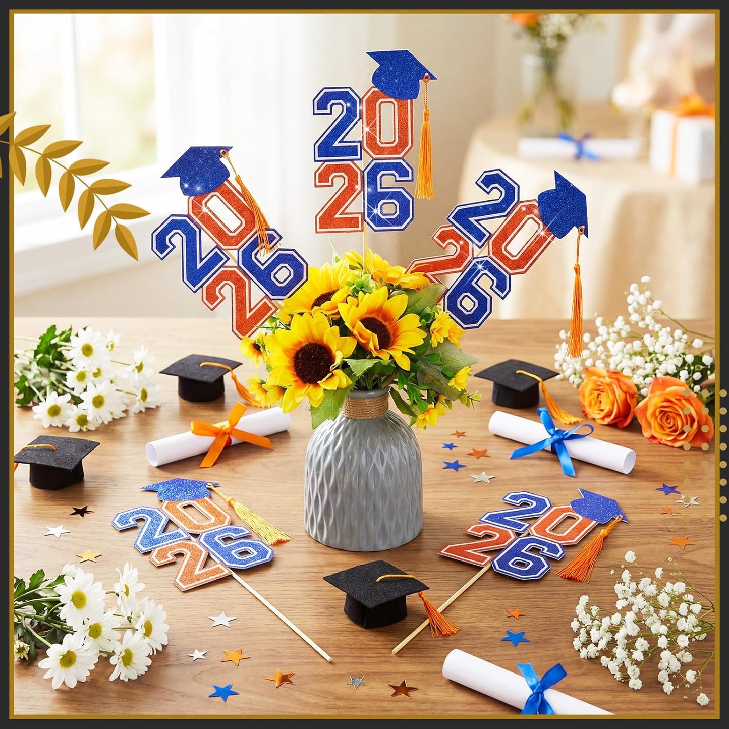 10 Pcs Graduation Table Centerpieces Sticks with Tassels, class of 2026 Grad Cap Picks Table Decoration Cupcake Toppers for Party Centerpiece Decoration Supplies(Blue and Gold)